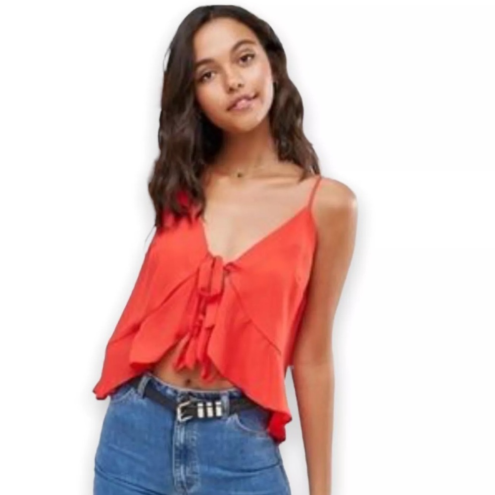 ASOS Ruffle Spaghetti Strap Red Tie Front Cropped Top